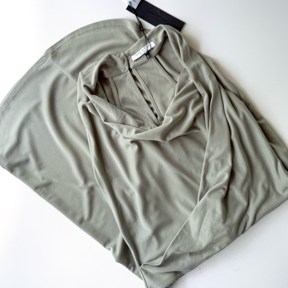NWT Halston Heritage Asymmetrical Draped Cowl Neck Midi Dress Sage Khaki Green M - Picture 7 of 16